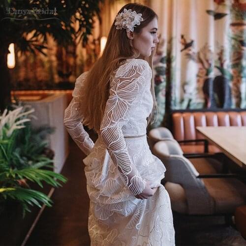 Unique Lace Wedding Dresses A Line Boho Bridal Gowns Puff Sleeve Elegant Vestido de Noivas DW550