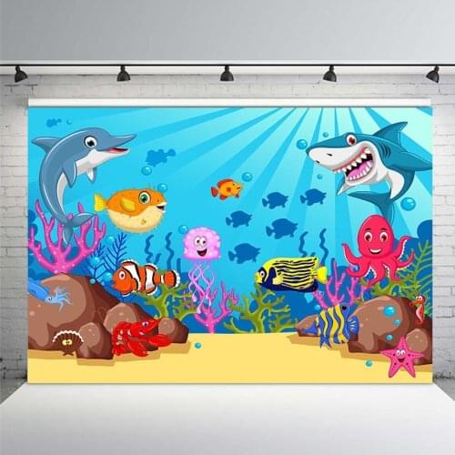 Cartoon Seabed Shark Vinyl Photography Background for Baby Dolphin Photo Shoot Backdrop for Wedding Photo Studio