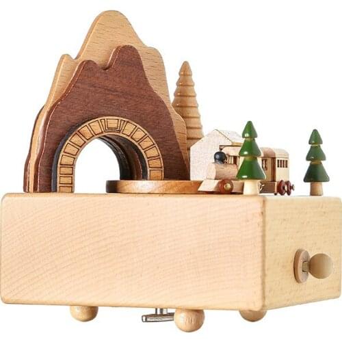 Revolving Train Beech Music Box,Handmade Wooden Crafts,Fairy Tale Castle Home Decor,Christmas Decor for Home