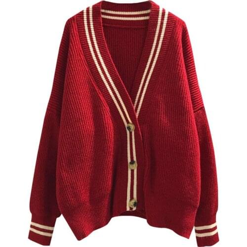 PERHAPS U Sweater Knitted Single Breasted Cardigans V Neck Autumn New Red White Bordure M0126