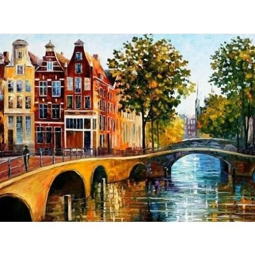 Needlework,embroidery,DIY Unprinted Cross stitch kits,Oil painting bridge river scenery set counted Cross-Stitching decor