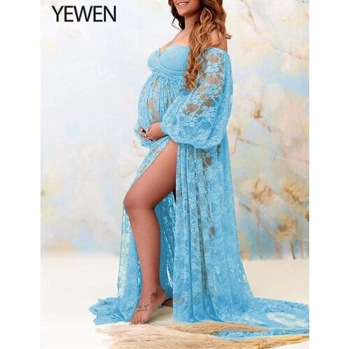 YEWEN Baby Blue Off Shoulder Stretch Lace Dress for Photography Prom Gown Fancy photo Shoots Dress Long Sleeves Evening Dress