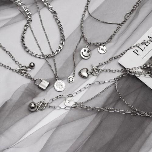 Womens neck chain Punk Multilayered Cross Key lock Pendant Necklace For Women Portrait Pendants Necklaces 2021 Trend Jewelry