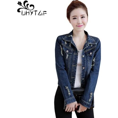 UHYTGF Women denim jacket Fashion hole short coat Cute girl Slim Spring Autumn jeans jacket Solid color Wild casual lady coat642