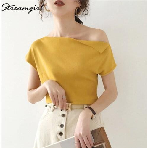 Ice Silk T Shirt Women Summer Slash Neck Top Off Shoulder T-shirt Yellow Tee Shirt Femme Sexy Knitted T Shirt Short Sleeve 2020