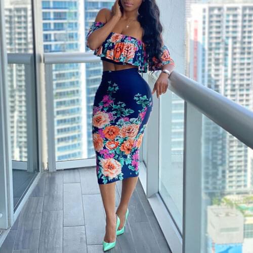 2021 New Summer Women sexy Dress Two Piece set Off Shoulder Short Sleeve Floral Print Ruffles Crop Top & Midi Bodycon Skirt Set