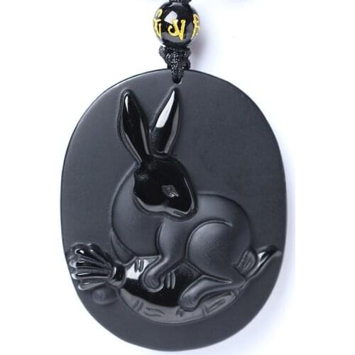 Women Necklace Pendant Black Obsidian Lucky Rabbit Zodaic Rabbit Pendant Free Chain Gift for Female Fine Jewelry