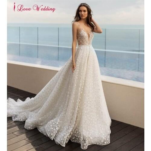 Bohemian Wedding Dresses Floral Lace Appliques Vintage Bride Dress Backless Beach Glitter Bridal Gowns vestido de novia 2021