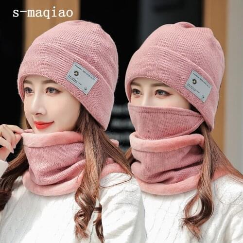 Winter Hats For Women Mask Hat Scarf Set Thick Warm Femmes Autumn Skullies Beanies Thick lining Knitted Hat Outdoor Riding Cap