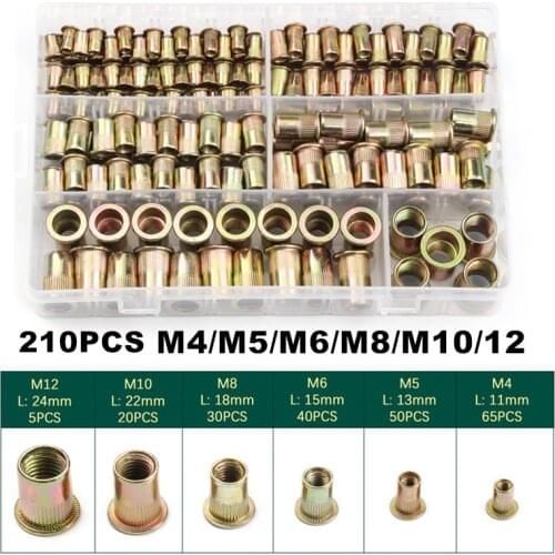 210PCS Carbon steel Rivet Nuts M4 M5 M6 M8 M10 M12 Flat Head Rivet Nuts Set Nuts Insert Reveting Multi Size Collocation