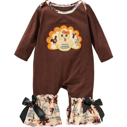 Infant Baby Girl’s Casual Long Sleeve Jumpsuit Cartoon Turkey Embroidery Round Neck Long Romper