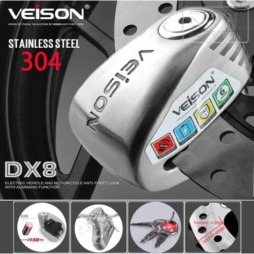 Veison Motorcycle Alarm Disc Lock Anti-theft Bike Waterproof Anti theft Brake Lock DX8 Stainless steel Rope Gift