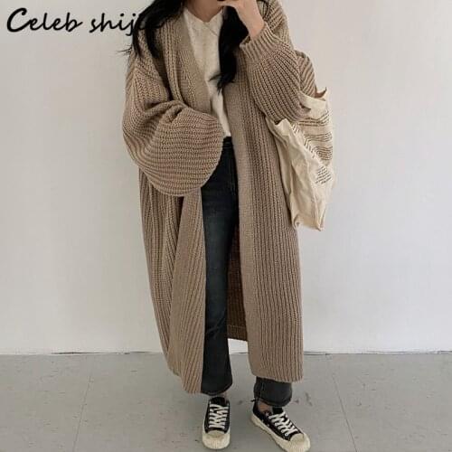 SHIJIA Khaki Long Cardigan Woman Autumn Winter 2021 Knitted Coat Loose Long-sleeve Thicken Warm Vintage Sweater Outfit Lady