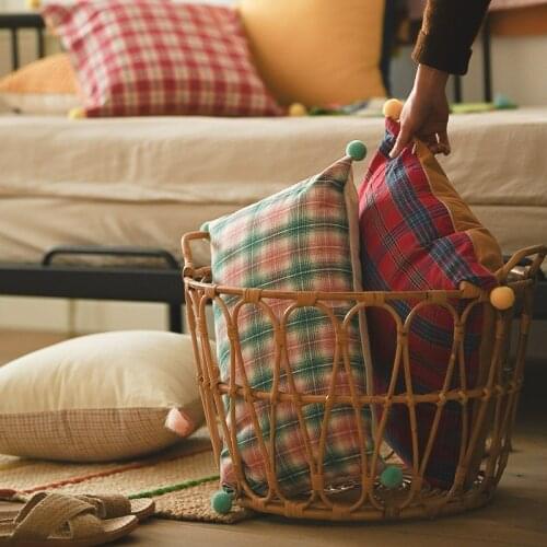 Cotton Plaid Pillow Case Vintage Cushion Cover with Pompon Back Support Pillowcases Decorative for Home Office Studio