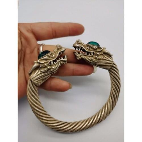 Chinese Fashion Women Men Jade Inlaid Old Tibetan Silver Bracelet