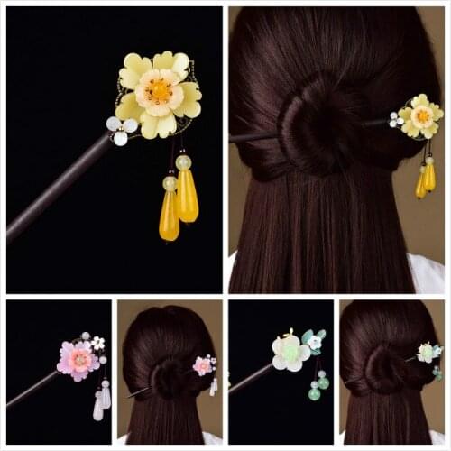 Classical Temperamental Wooden Hair Stick Smooth Comfortable Coloured Glaze Powder Crystal Pendant Retro Elegant Hair Jewelry