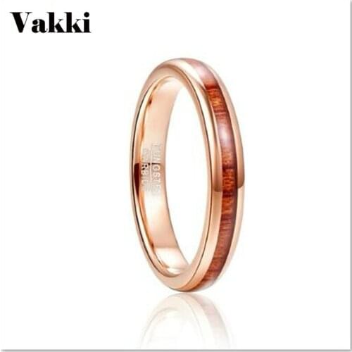 VAKKI 4mm Mens Tungsten Steel Carbide Ring Hawaiian Koa Wood Inlay Polished Finish Comfort Fit Rose Gold Ring Men Jewellery