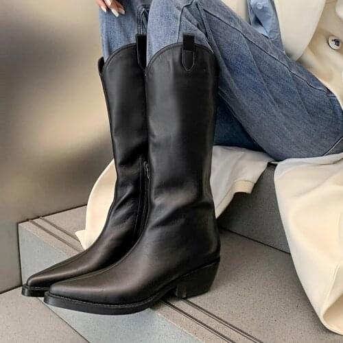 Western Cowboy Boots Ladies High Boots Retro Pointed Knight Shoes 2021 Autumn Leather Casual Shoes White Boots Zapatos de mujer