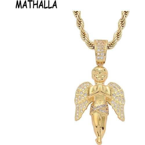 MATHALLA Gold Jewelry Iced Out Cubic Zircon Angel Wing Pendant Prayer Hand Angel CZ Charm Necklace Brass Hip Hop Bling Pendant
