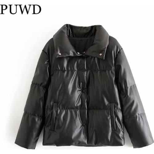 PUWD Vintage Women PU Faux Leather Jackets 2021 Winter Fashion Ladies Turn-down Collar Pockets Thick Parkas Female Chic Outwear