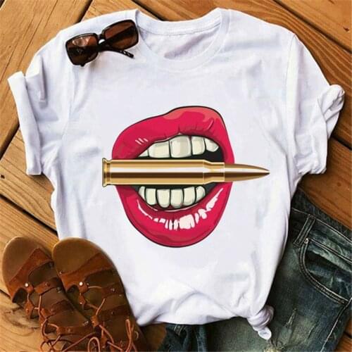 Summer Lipstick Lips Printed Tshirts Loose Round Neck Short Sleeves Tees Lips Graphic T-shirt Harajuku Casual Tops Women Clothes