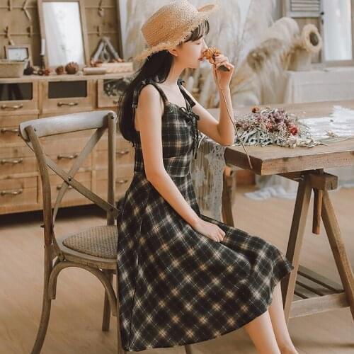 Cute Mini red plaid Dresses Sleeveless Vest Women Korea Japanese Style Design Retro Vintage Plaid Bandage Dresses