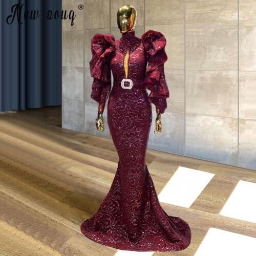 Muslim Wine Red Evening Dresses Islamic Turkish Long Sleeves Mermaid Party Gown Full-Length Prom Dresses Robe De Soiree