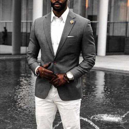 Grey Mens Suits Slim Fit 2 Pcs Casual Groomsmen Wedding Tuxedos Notch Lapel African Fashion Jacket with White Pants 2021
