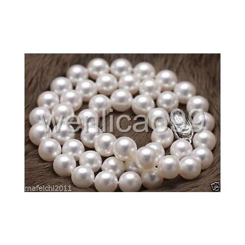Natural 9-10mm AAA+ south sea white Round pearl necklace 18" silver Clasp