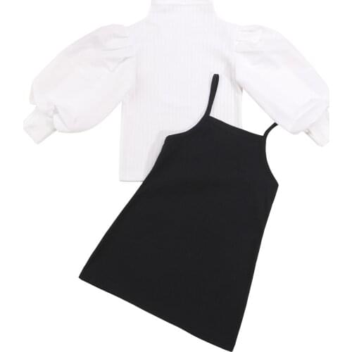 1-6Y Kids Girls Autumn Dress Sets 2021 Fashion Solid Long Puff Sleeve Turtleneck Knit Tops + Suspender Dress Children Clothes