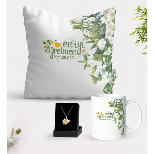 Personalized Daisy Themed Best Teacher White Mug Cushion and Is Daisy Necklace Gift Seti-5