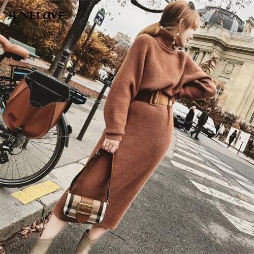 JuneLove Women Winter Female Sweater Dress Female Pullover Turtleneck Long Sleeve Warm Slim Sweater Knitted Dress With Belt