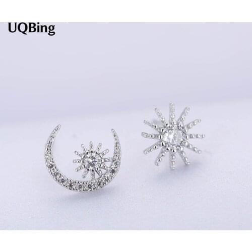 Fashion 925 Sterling Silver Full Rhinestone Crystal Sun Moon Asymmetry Stud Earrings For Woman Jewelry Wholesale Free Shipping