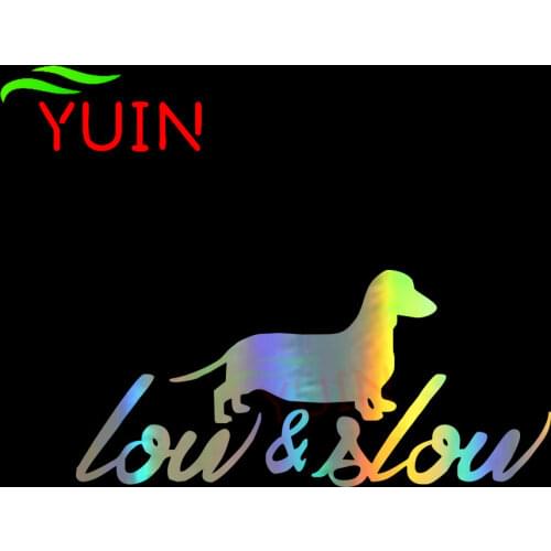 Funny LOW&SLOW Animal Personality Dachshund Animal Car Sticker PVC Body Window Decoration Waterproof Stickers Reflective Laser