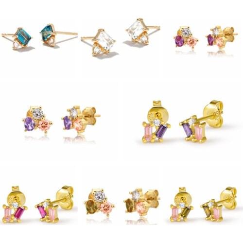 925 Silver Ear Needle Korean Earring Rainbow Zircon Cartilage Stud Earring For Women Couple Lovers' Bling CZ Luxury Fine Jewelry