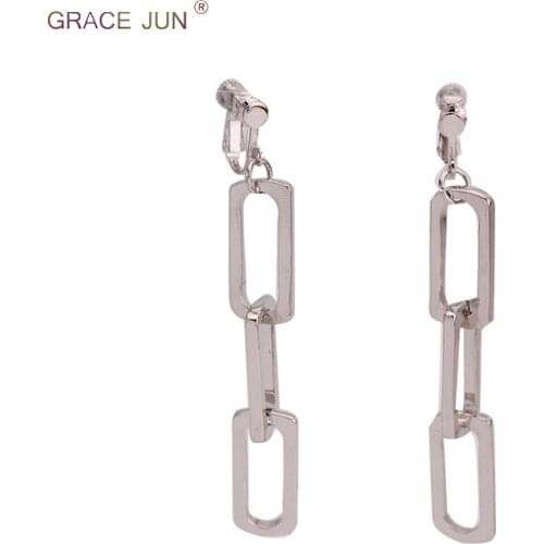 GRACE JUN European and American Style Fashion Rectangle Iron Chain Clip on Earrings No Pierced for Women Party Pierced Earrings
