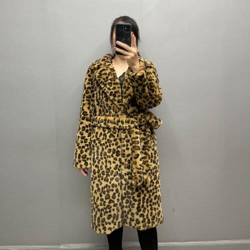 Womens Faux Rex Rabbit Fur Long Coat Suit Collar New Style Keep Winter Warm Leopard Grain Design QD.YISHANG