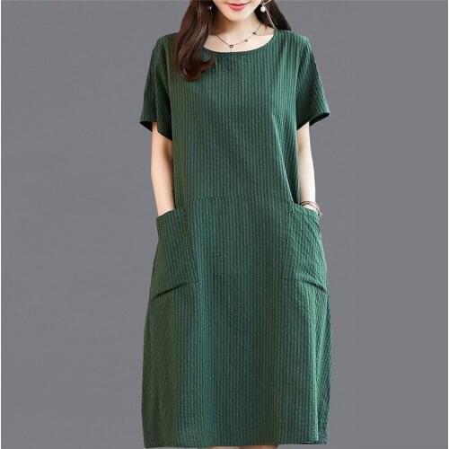 2020 vintage Summer Dress Tencel Cotton Line large size loose middle-aged Womens Dress short Sleeve Dresses m96