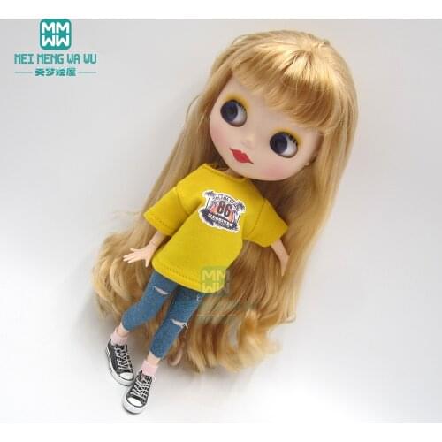 1pcs Blyth Doll Clothes Fashion loose t-shirt, shredded jeans for Blyth Azone OB23 OB241/6 doll accessories