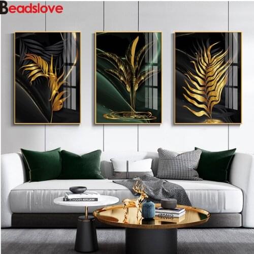 5D DIY Diamond Painting Modern Abstract golden leaves Diamond Embroidery Cross Stitch Kit 3 Piece Diamond Mosaic room Decoration