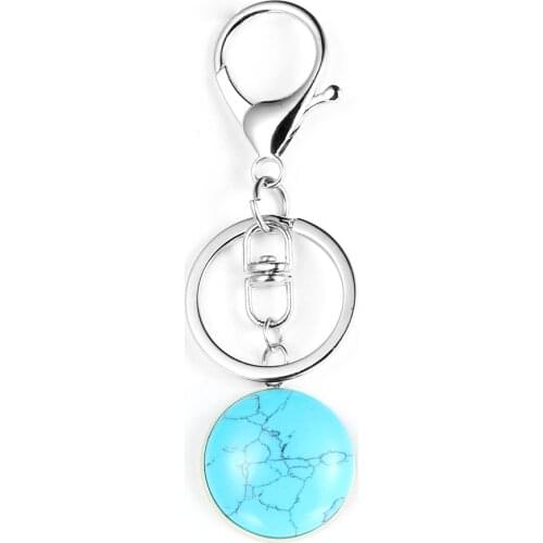 Men Women Natural Stone Round Turquoises Crystal Pendant Keychain Silver Color Lobster Clasp Car Bag Key Hook Chain Jewelry
