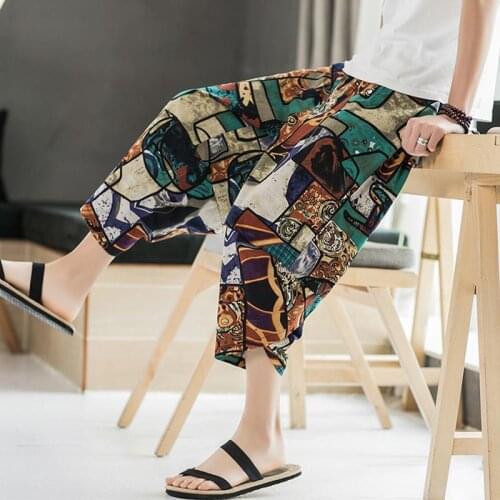 Summer Japanese And Thai Knickerbockers Streetwear Casual Harem Pants Flax Wide Leg Joggers Loose Male Hip Hop Trousers Clothing