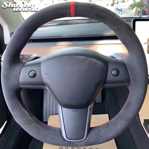 Shining wheat Hand-stitched Black Alcantara Hand-stitched Steering Wheel Cover for Tesla model 3