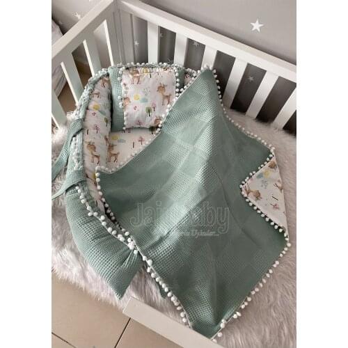Jaju Baby Handmade, Green Pique Fabric and Poplin Fabric Gazelle Design 3-Piece Babynest Set with Pompom