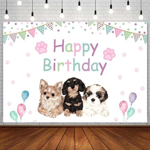 Puppy Dog Backdrop Happy Birthday Party Pink Balloon Paw Dot Banner Kid Photography Background Photostudio Photozone Decor Props