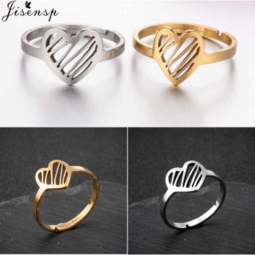 Jisensp New Aesthetic Heart Hollow-out Stainless Steel Finger Ring Engagement Jewelry Not Allergic Opening Rings Love Gift