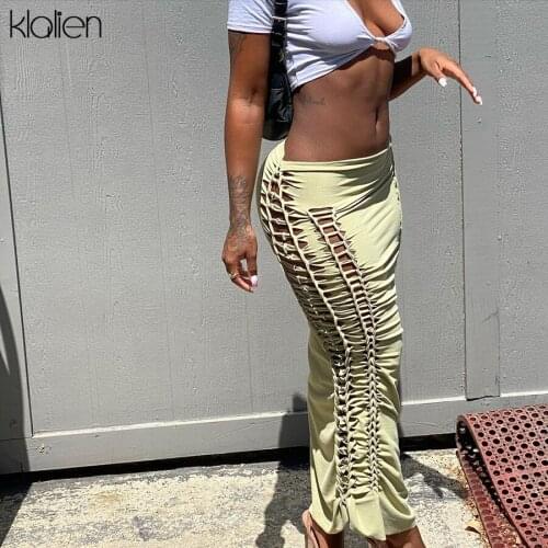 KLALIEN Women Summer Sexy Hollow Out Hole Solid High Waist Slim Stretch Maxi Skirt Casual Streetwear Female Y2K Skirt Hot Sale