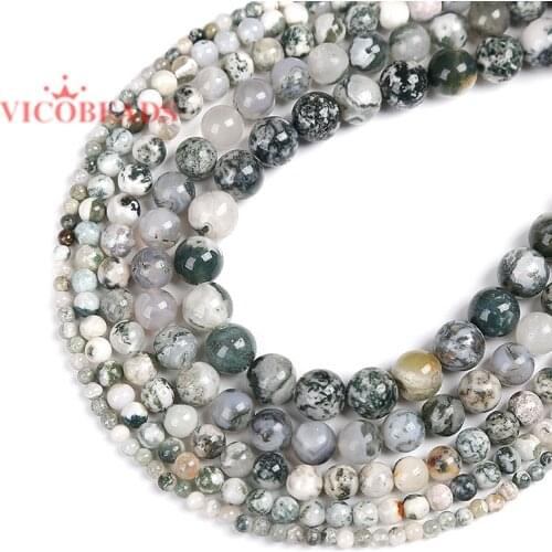 Natural Stone Tree Agates Round Loose Beads 15" Strand 4 6 8 10 12MM Pick Size For Jewelry Making