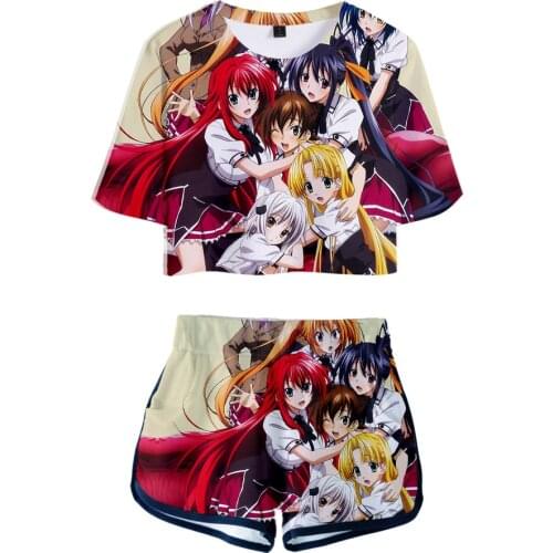 Hot Sale Summer 3D High School DxD Womens Two Piece Sets Exposed Navel t shirt+Shorts Casual Girls Sexy Cartoon Suits Clothing
