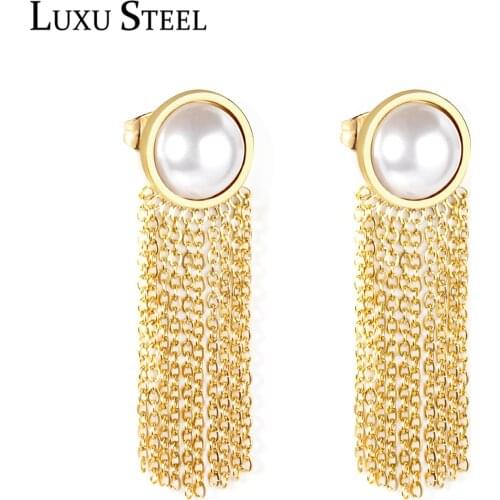 LUXUSTEEL aretes Stainless Steel Round Imitation Pearl Earrings Fashion Jewelry Bijoux Female Gold Color Tassel Drop Earrings